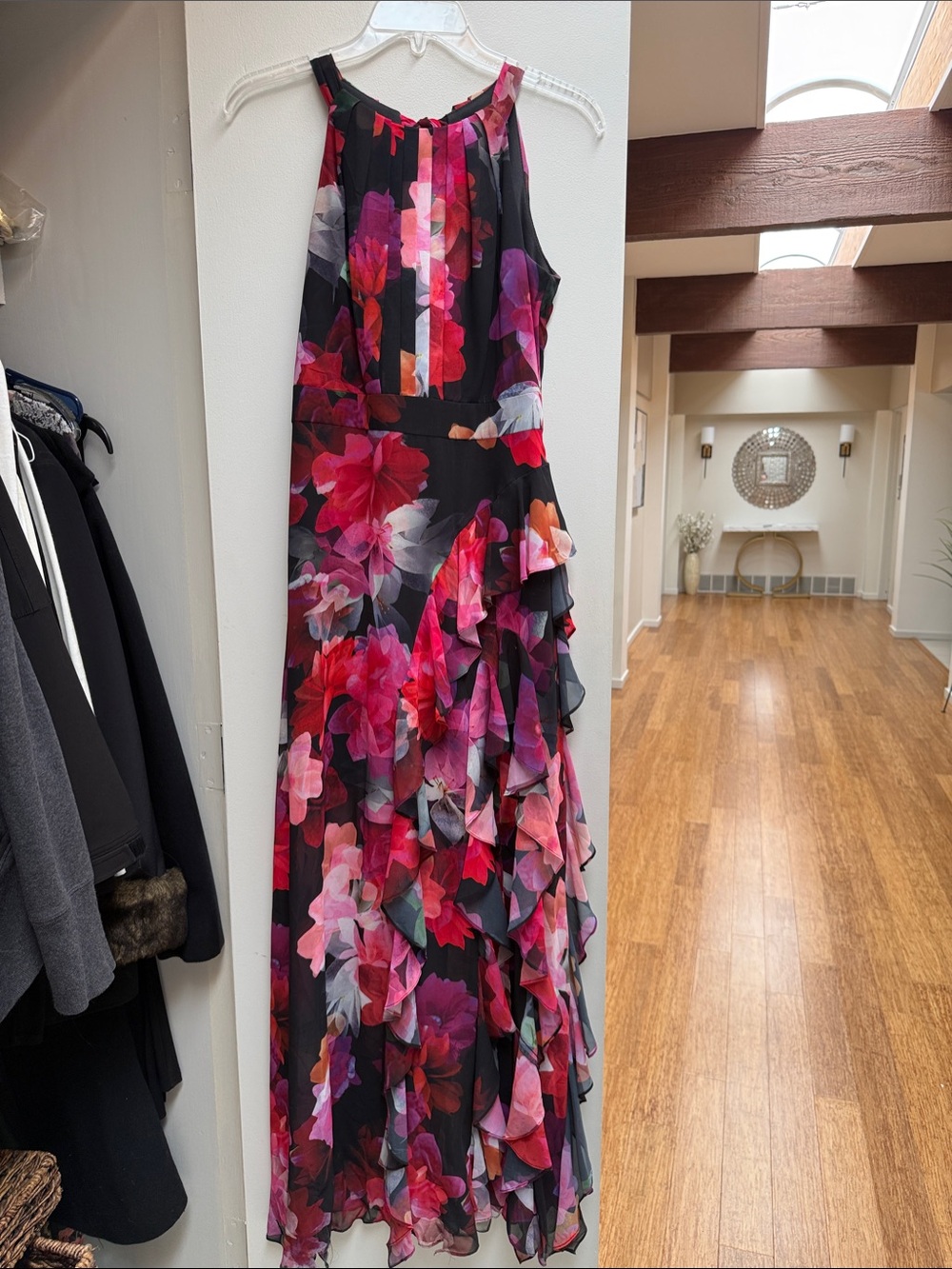 Betsy & Adam Black Maxi Dress with Pink, Red & Purple Floral Print